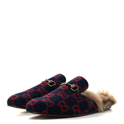 Gucci Velvet GG Monogram Fur Mens Princetown Slippers 7 Navy Red 2 of 11