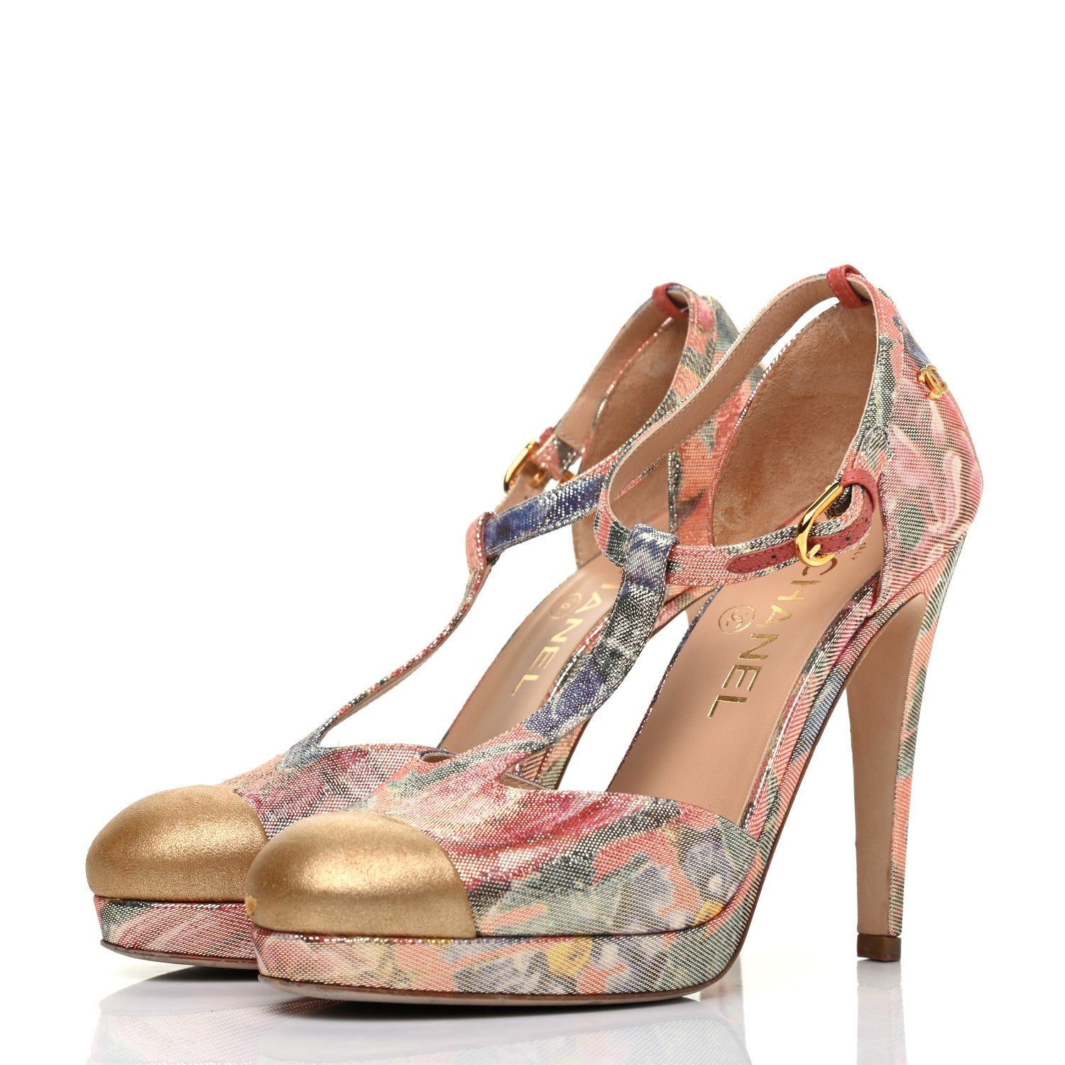 Chanel Crepe Calfskin Floral Printed Metallic Calfskin Cap Toe CC Ankle Strap Pumps 36.5 Coral Gold 3 of 13