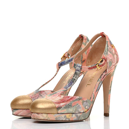Chanel Crepe Calfskin Floral Printed Metallic Calfskin Cap Toe CC Ankle Strap Pumps 36.5 Coral Gold 3 of 13