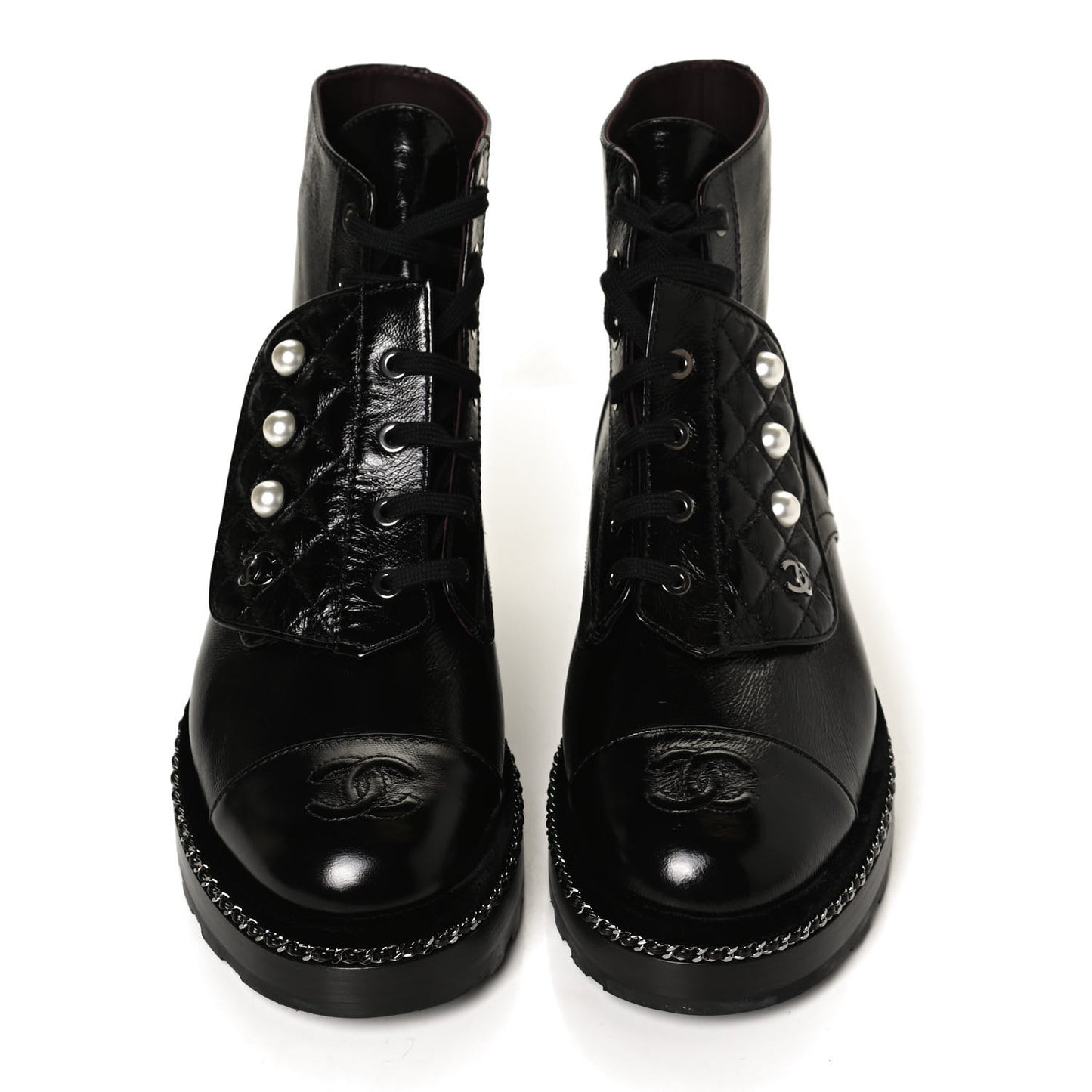Crackled Calfskin Velvet Pearl Combat Short Boots 39.5 Black