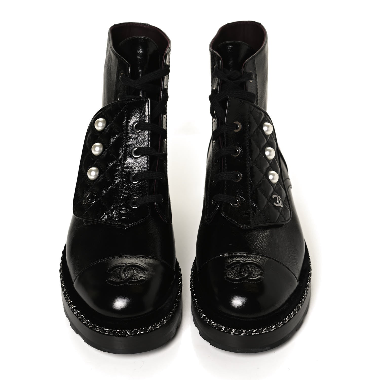 Chanel Crackled Calfskin Velvet Pearl Combat Short Boots 39.5 Black 5 of 11