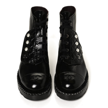 Chanel Crackled Calfskin Velvet Pearl Combat Short Boots 39.5 Black 5 of 11