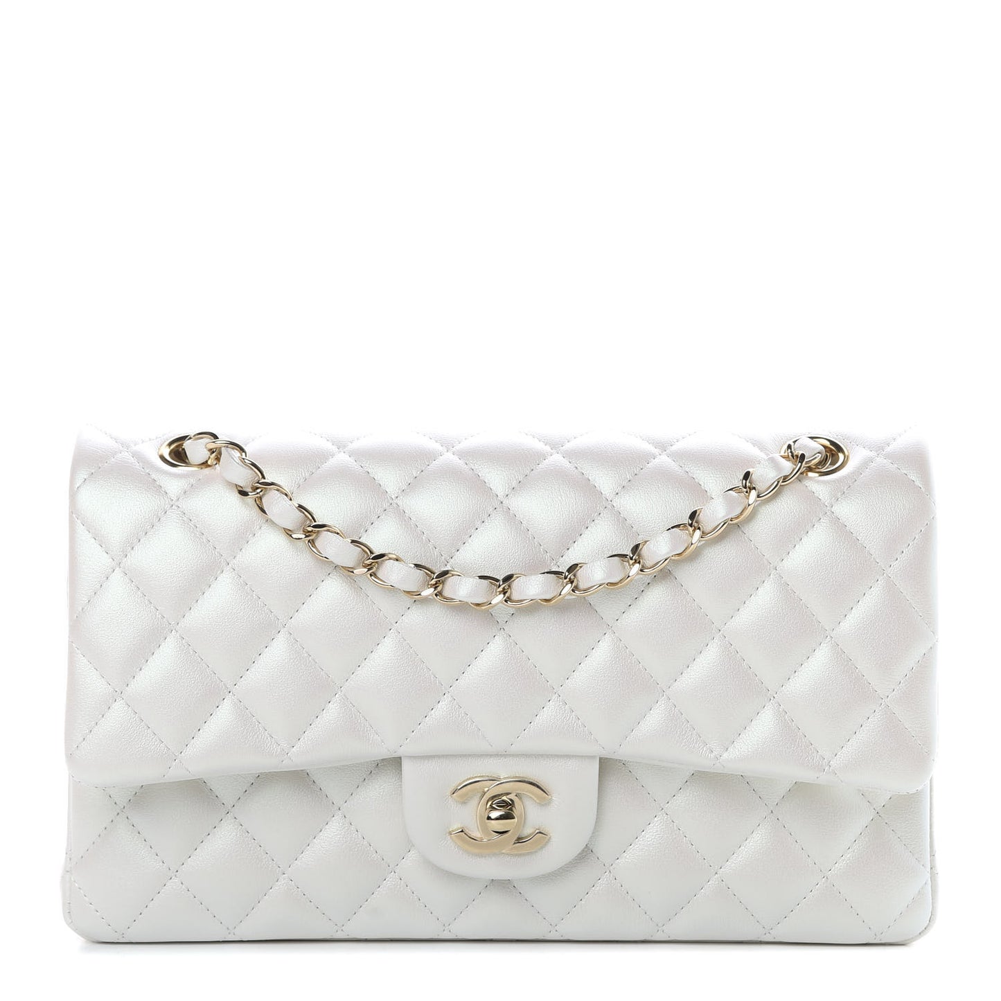 Iridescent Calfskin Quilted Medium Double Flap White
