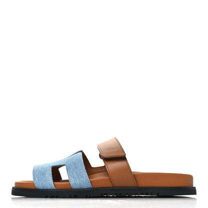 Hermes Denim Calfskin Womens Chypre Sandals 38 Bleu Clair Naturel 1 of 9