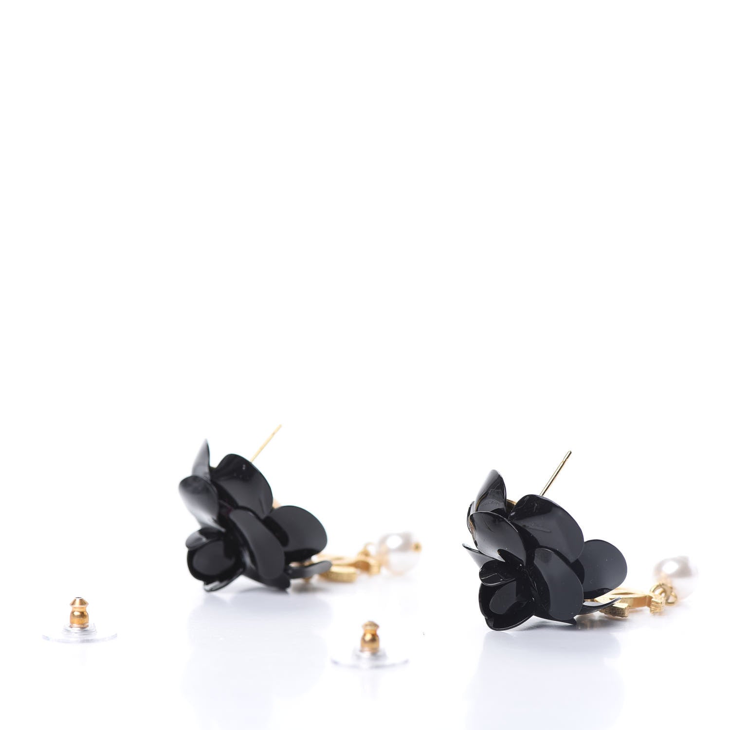 Chanel Enamel Crystal Pearl CC Camellia Drop Earrings Black Gold 3 of 5