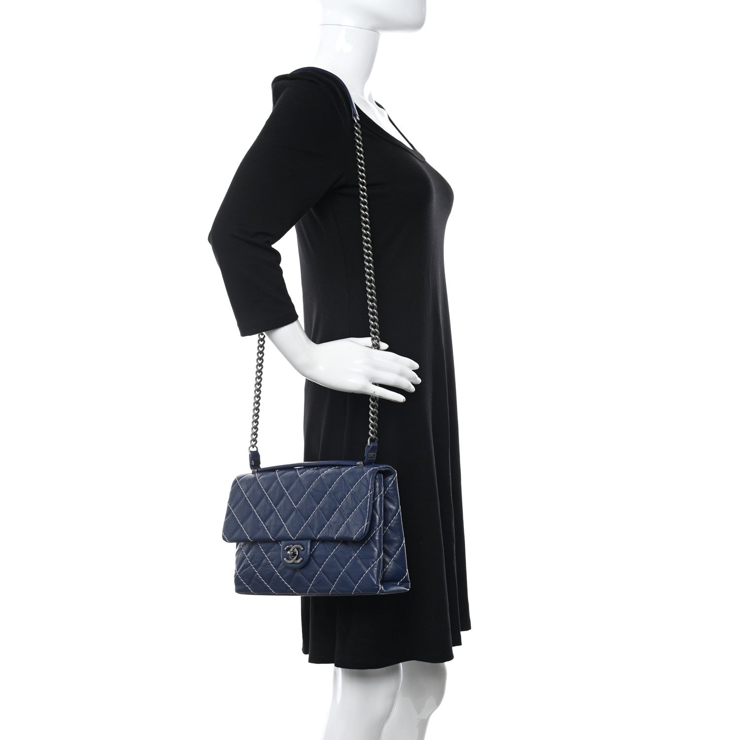 Chanel Aged Calfskin Chevron Stitched Quilted Flap Blue 2 of 10