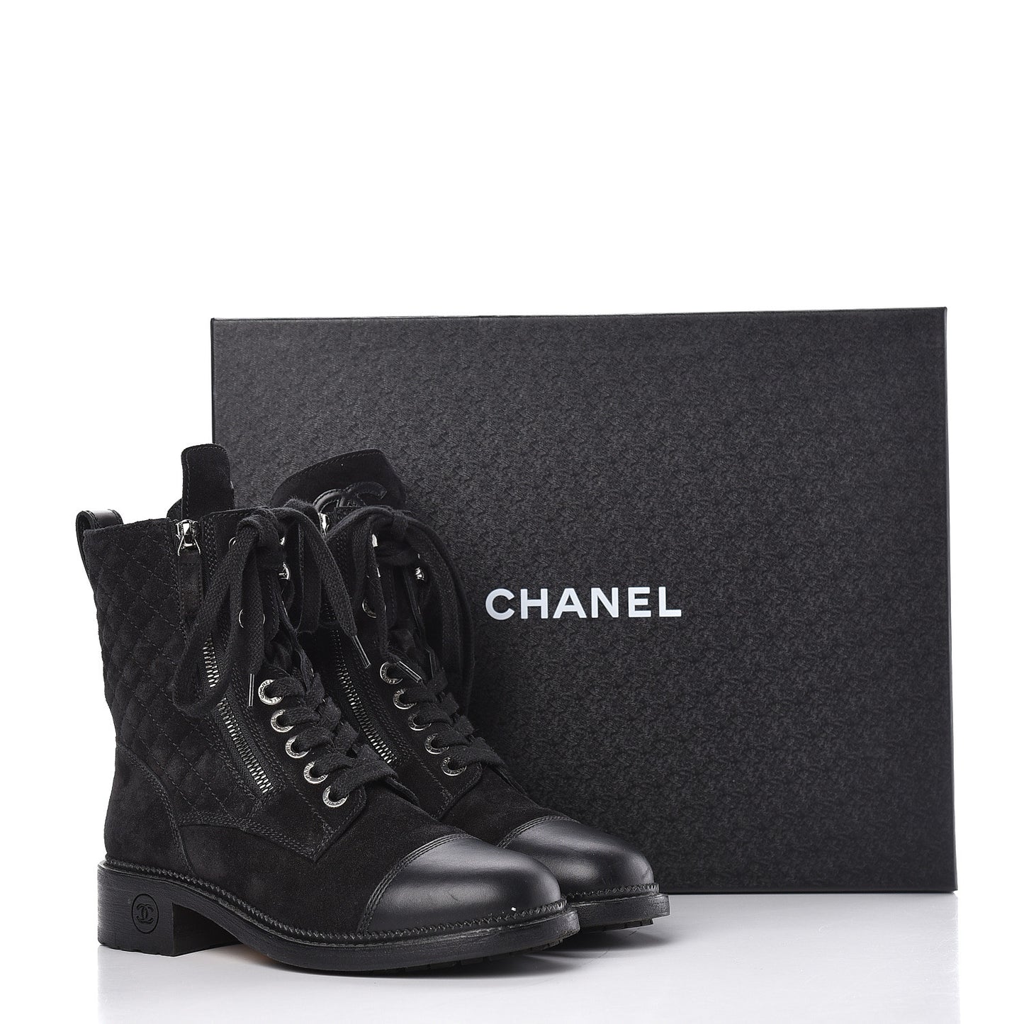 Suede Quilted CC Lace Up Combat Boots 37 Black