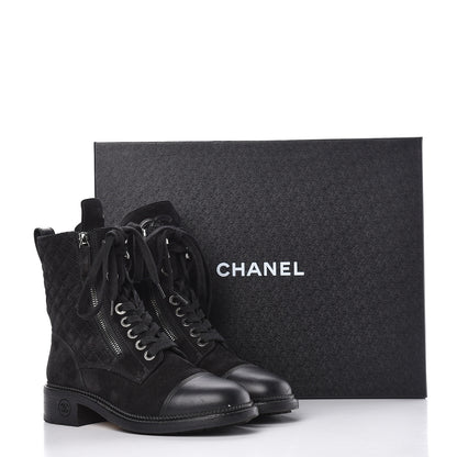 Chanel Suede Quilted CC Lace Up Combat Boots 37 Black 15 of 15