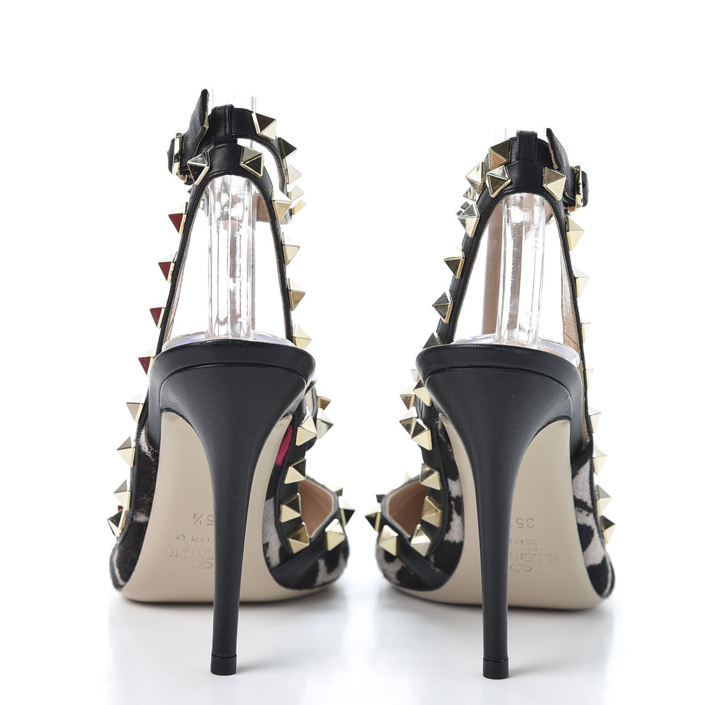 Calf Hair Leopard Print Rockstud Ankle Strap Pumps 35.5 Black Pink