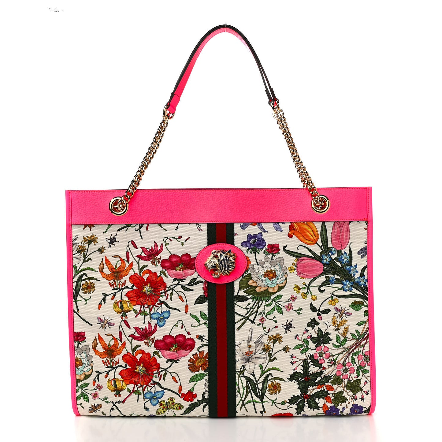 Canvas Flora Large Rajah Chain Tote White Multicolor Fuxia Fluo