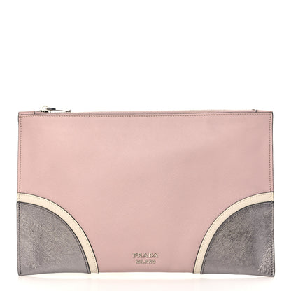 Prada Metallic Saffiano Hand Strap Clutch Pink Silver 1 of 6