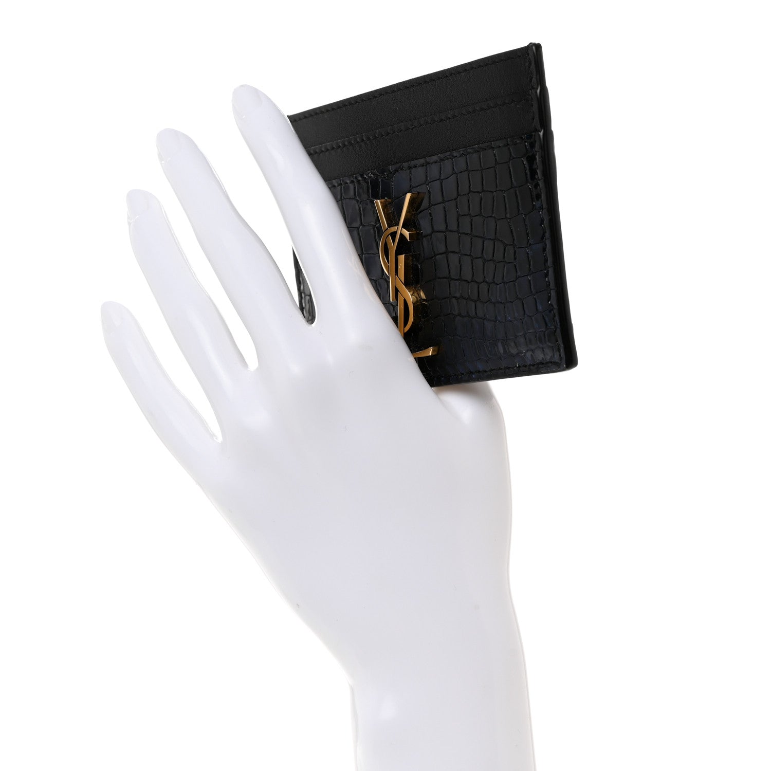 Saint Laurent Calfskin Crocodile Embossed Monogram Credit Card Case Blue 2 of 8