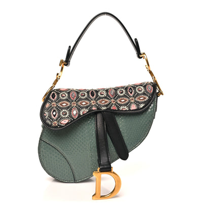 Christian Dior Beaded Calfskin Snakeskin Mini Saddle Bag Green 1 of 10