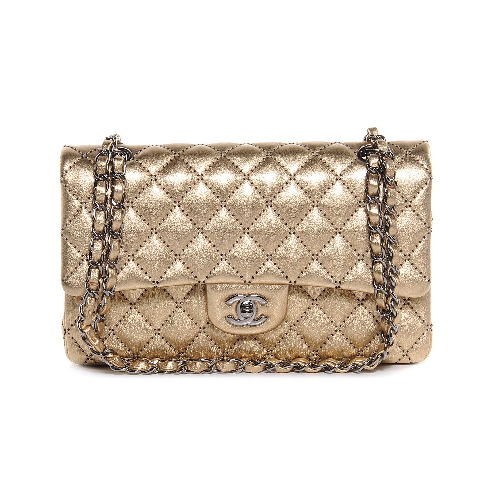 Chanel Metallic Washed Lambskin Quilted Medium Double Flap Dark Gold Black 1 of 8