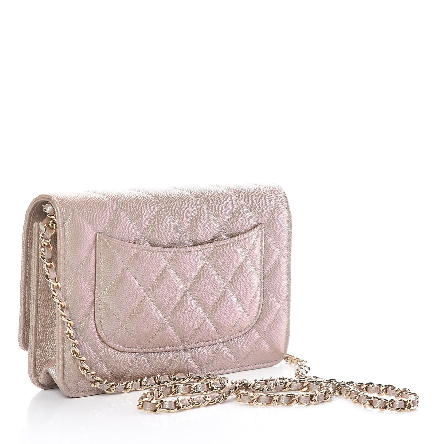 Iridescent Caviar Quilted Wallet On Chain WOC Beige