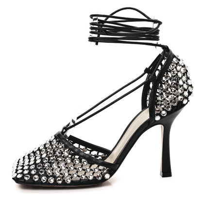 Bottega Veneta Mesh Nappa Crystal Embellished Sparkle Stretch Ankle Tie Sandals 37.5 Black 1 of 7