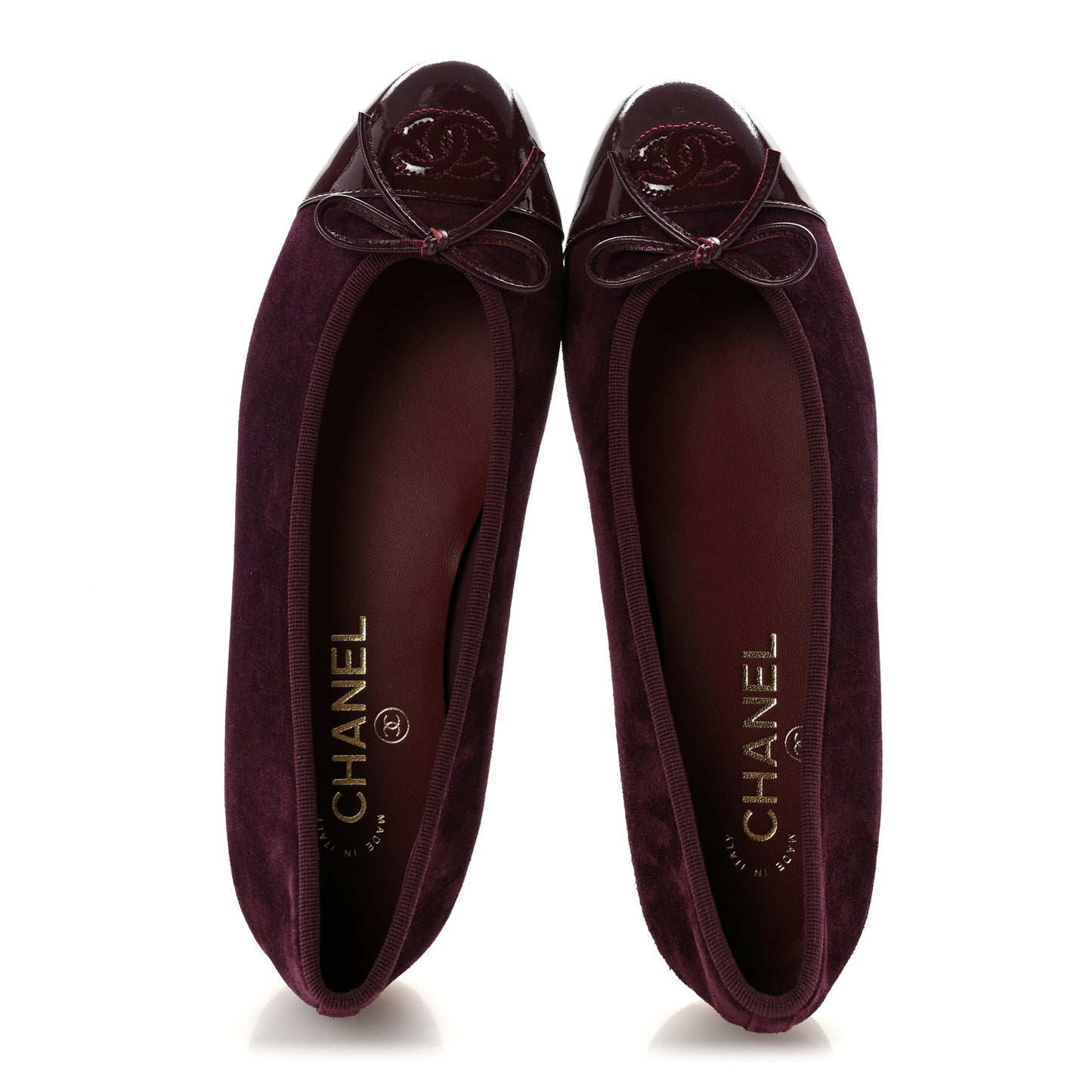 Suede Patent Calfskin Cap Toe CC Ballerina Flats 38.5 Burgundy