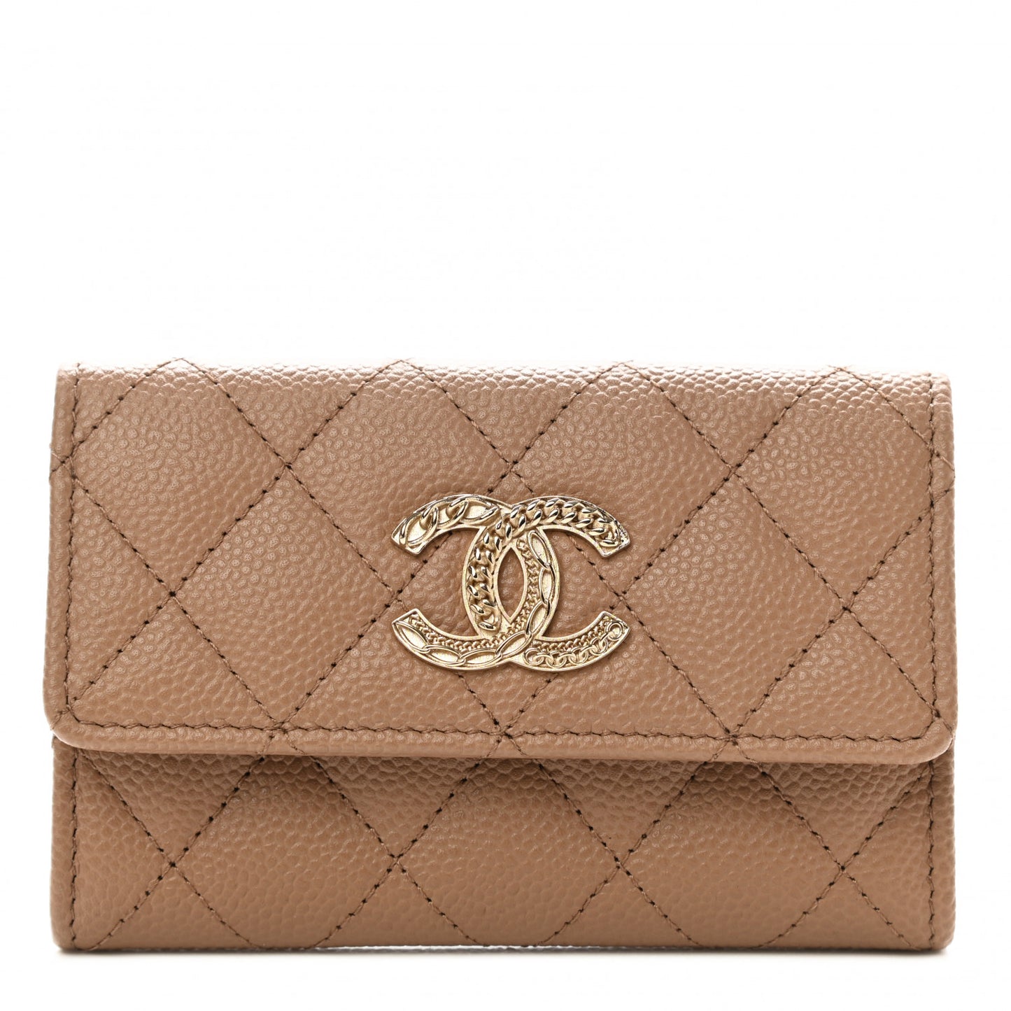 Caviar Quilted Multi Chain CC Flap Card Holder Beige