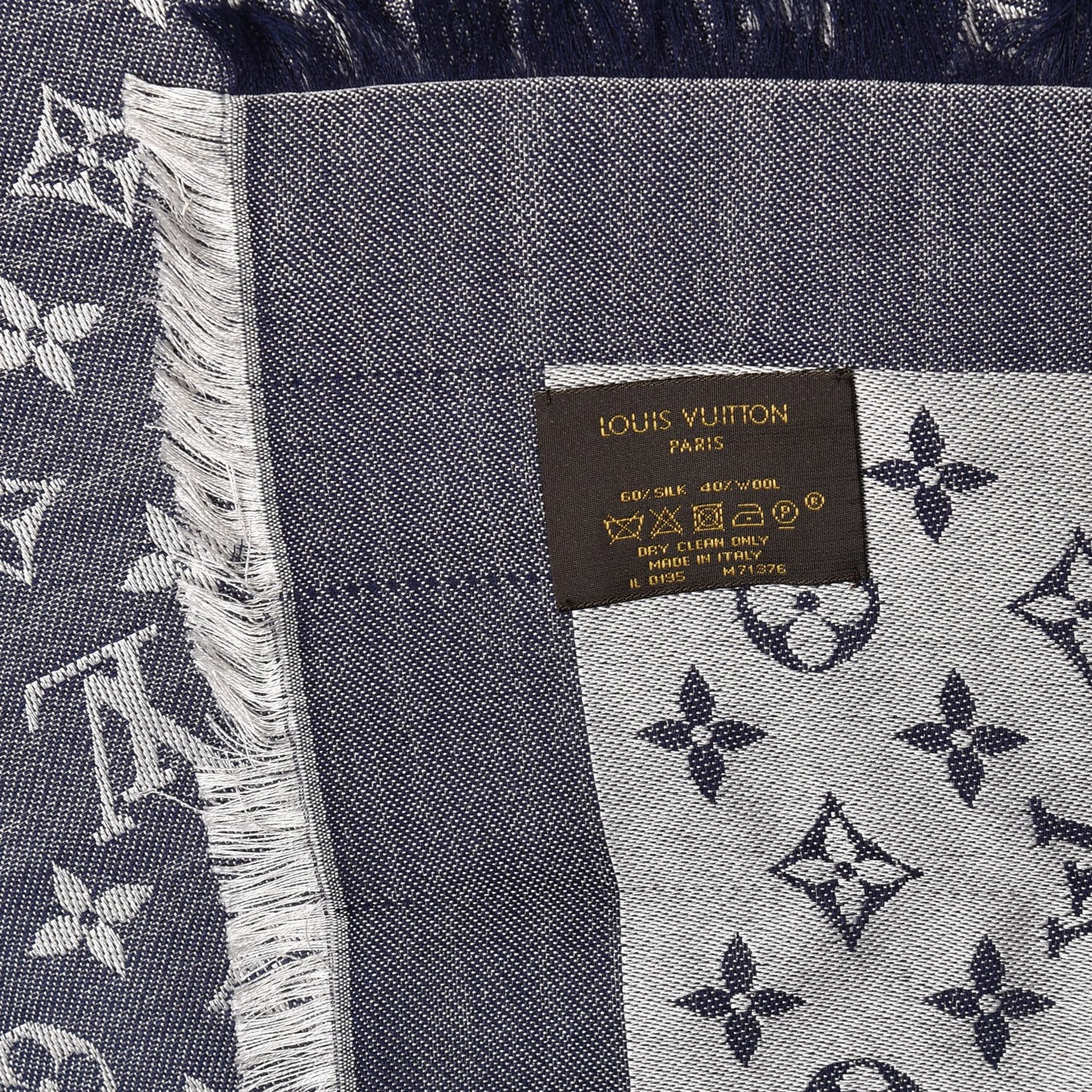 Silk Wool Monogram Denim Shawl Blue