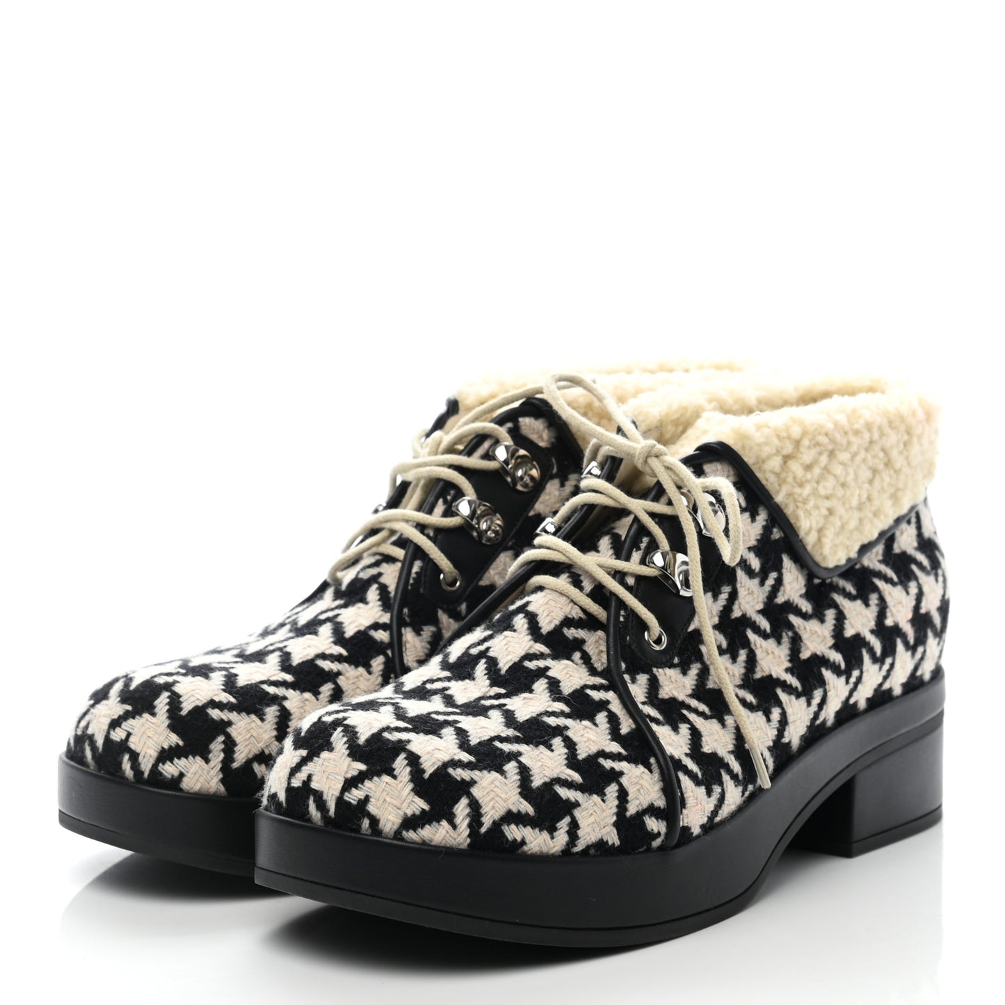 Optical Tweed Faux Shearling Houndstooth Victor Lace Up Ankle Boots 39.5 White Black