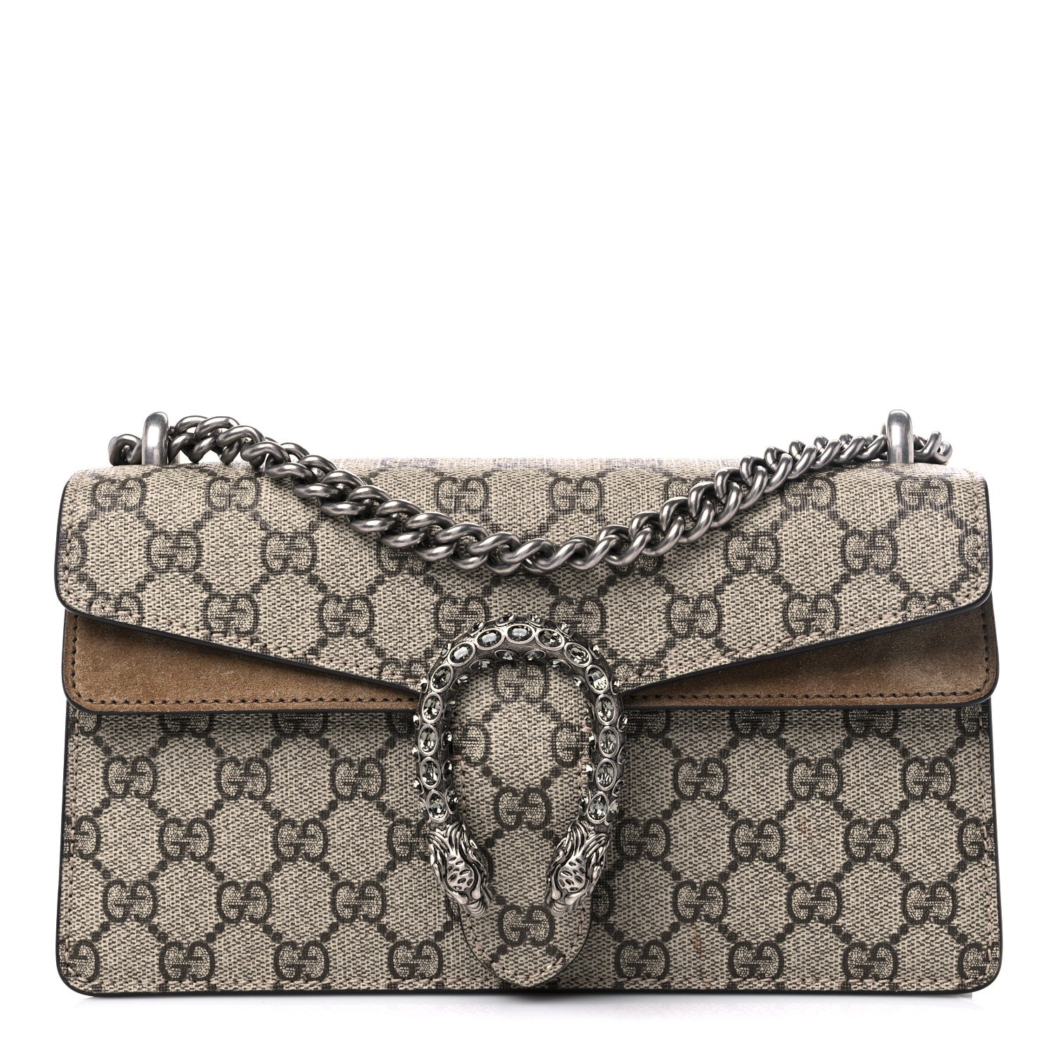 Gucci GG Supreme Monogram Suede Crystal Small Dionysus Shoulder Bag Beige Ebony Taupe 1 of 13