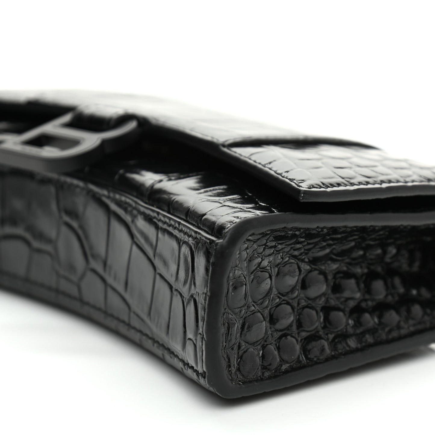 Shiny Calfskin Monochrome Crocodile Embossed Hourglass Chain Bag Black