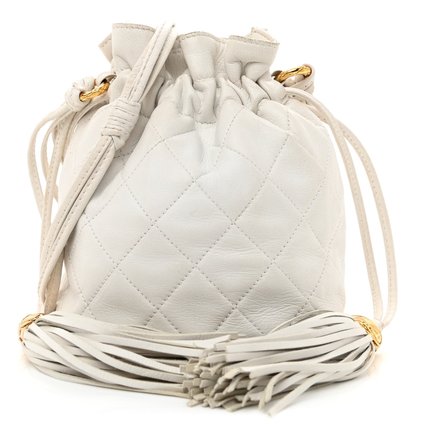 Lambskin Quilted Tassel Drawstring Pouch White
