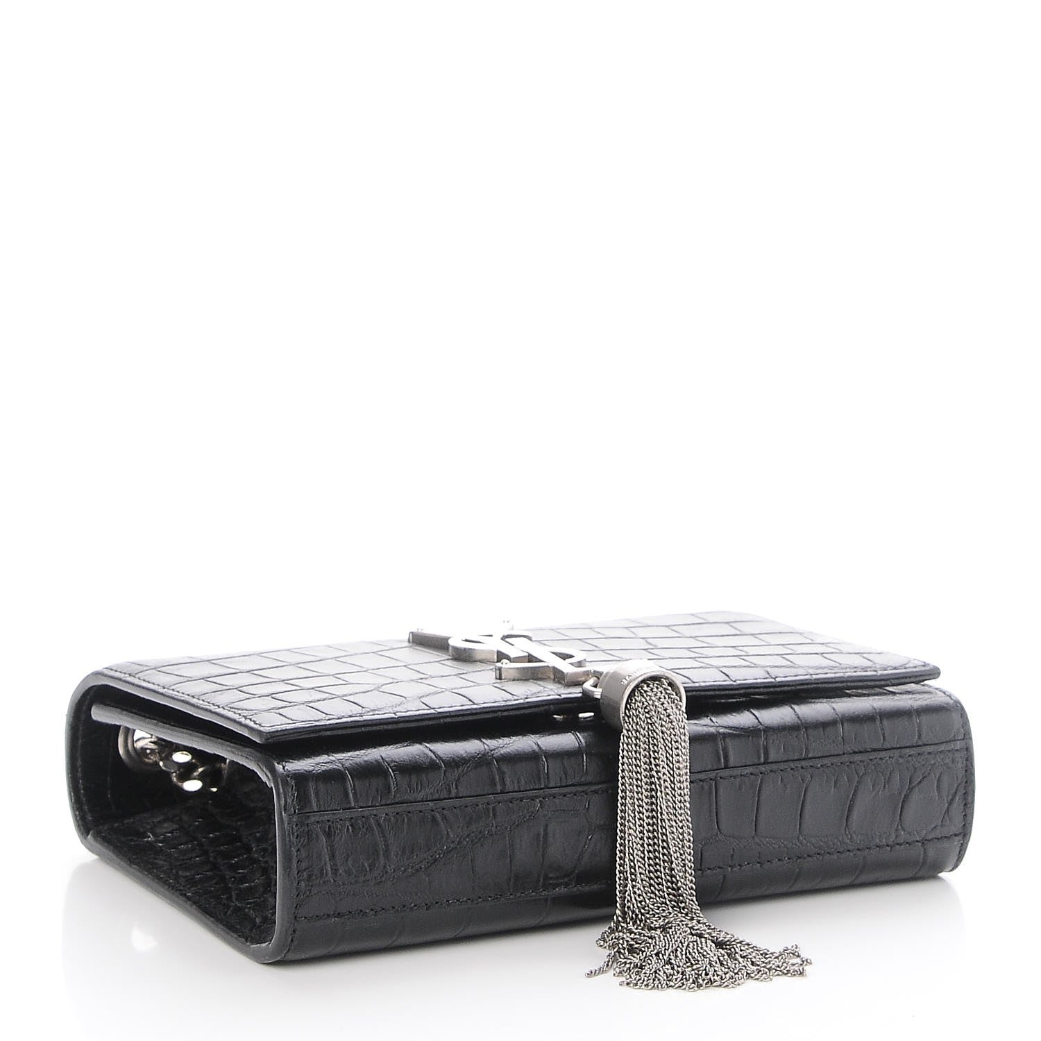 Saint Laurent Calfskin Crocodile Embossed Small Classic Monogram Tassel Satchel Black 4 of 6