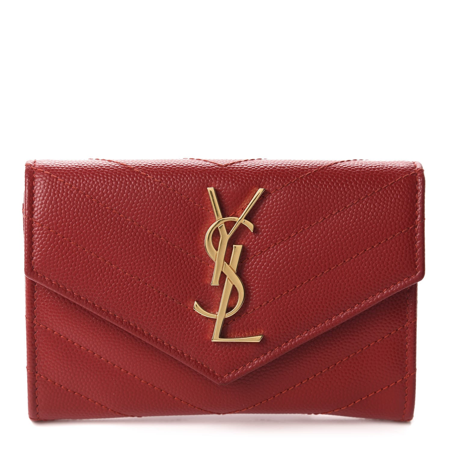 Saint Laurent Grain De Poudre Matelasse Chevron Small Monogram Envelope Wallet New Red 1 of 7