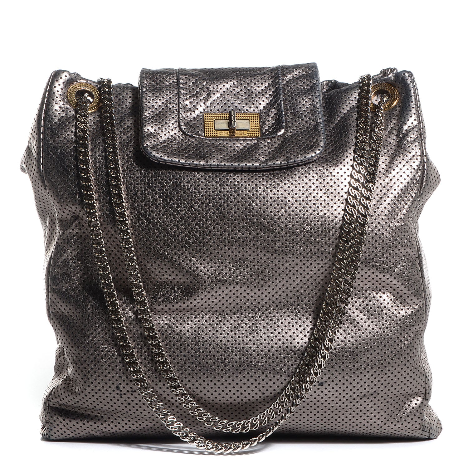Chanel Metallic Crackled Calfskin Perforated Drill Shoulder Bag Silver 1 of 8