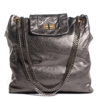Chanel Metallic Crackled Calfskin Perforated Drill Shoulder Bag Silver 1 of 8