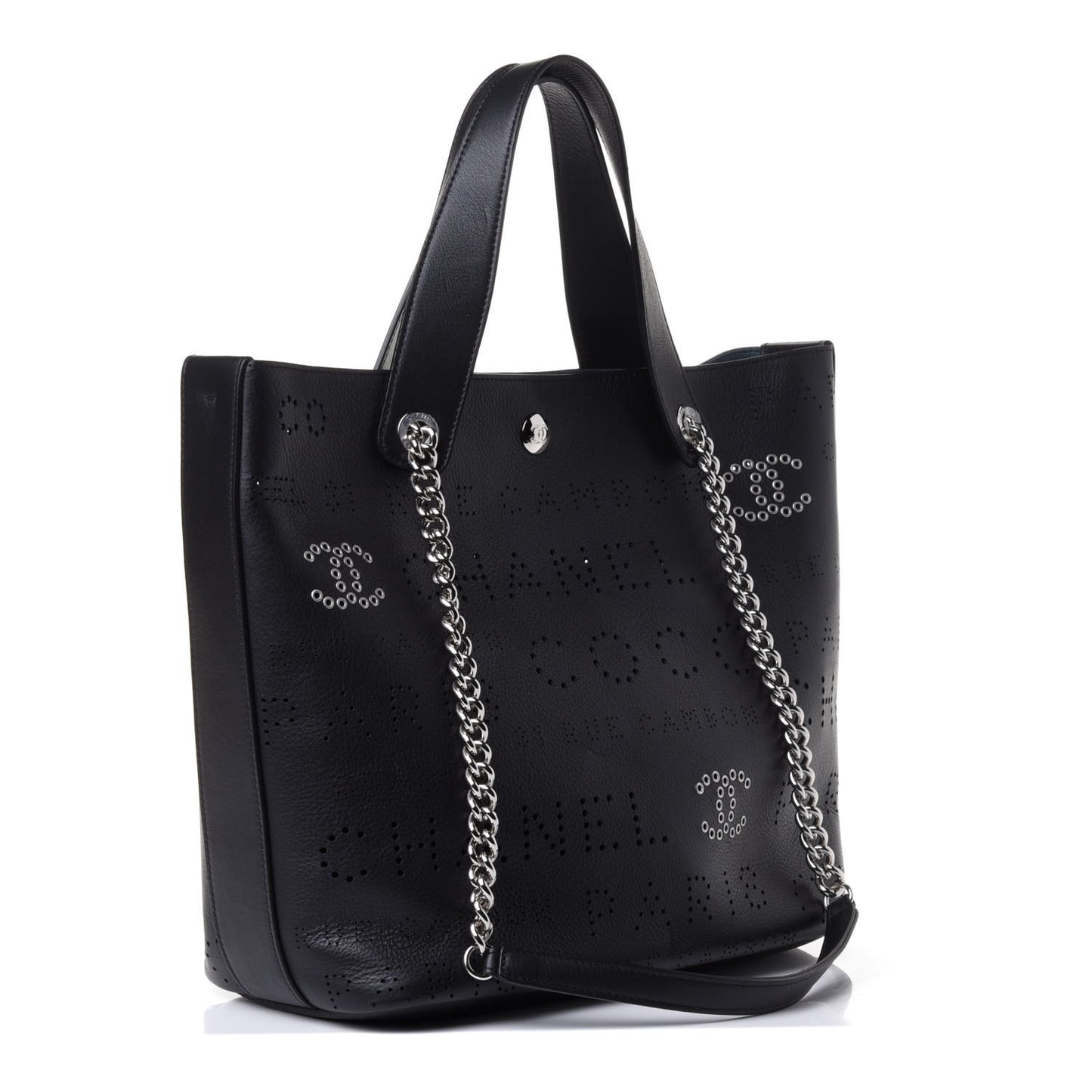 Calfskin Tweed Small Logo Eyelets Shopping Tote Black