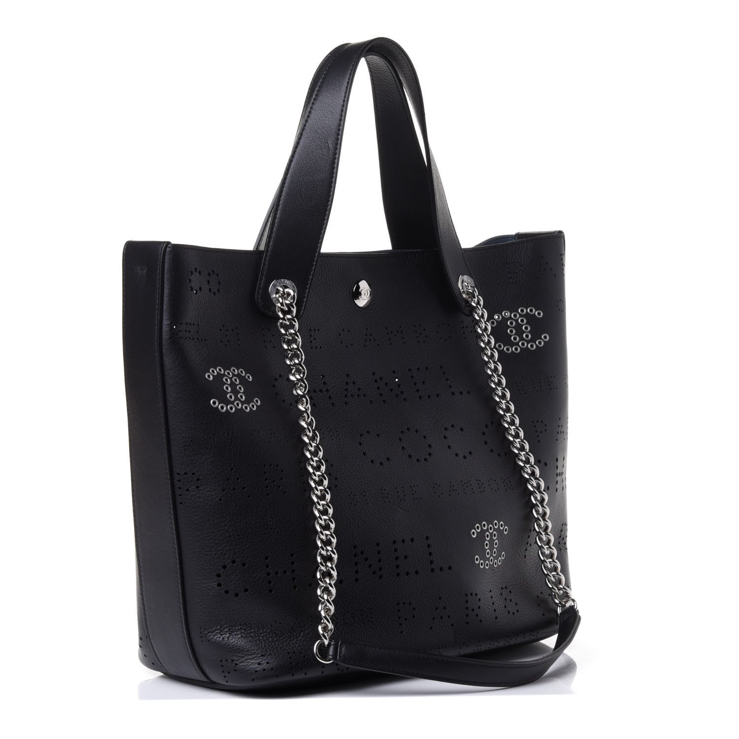 Chanel Calfskin Tweed Small Logo Eyelets Shopping Tote Black 2 of 4