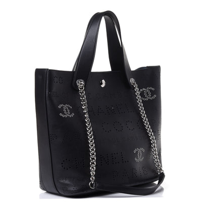 Chanel Calfskin Tweed Small Logo Eyelets Shopping Tote Black 2 of 4