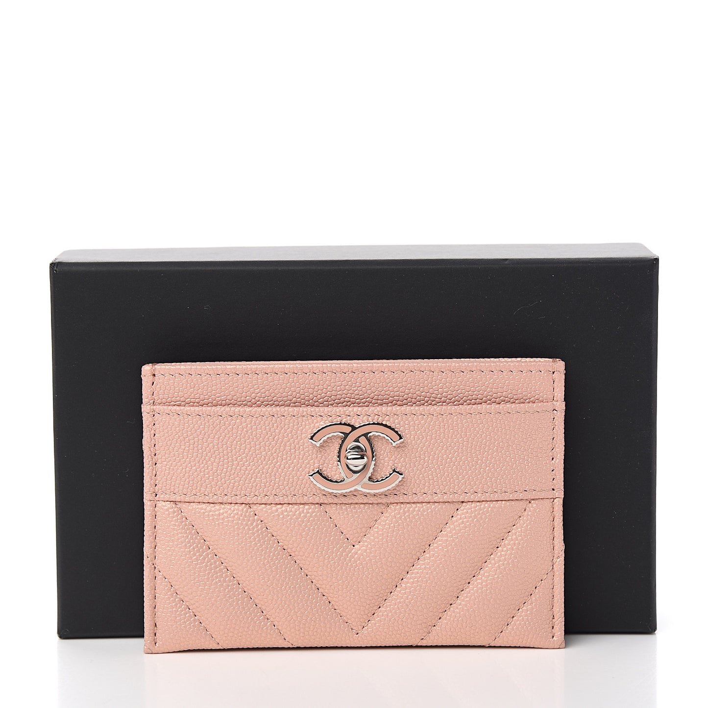 Metallic Caviar Chevron Quilted Vintage Mademoiselle Card Holder Pink