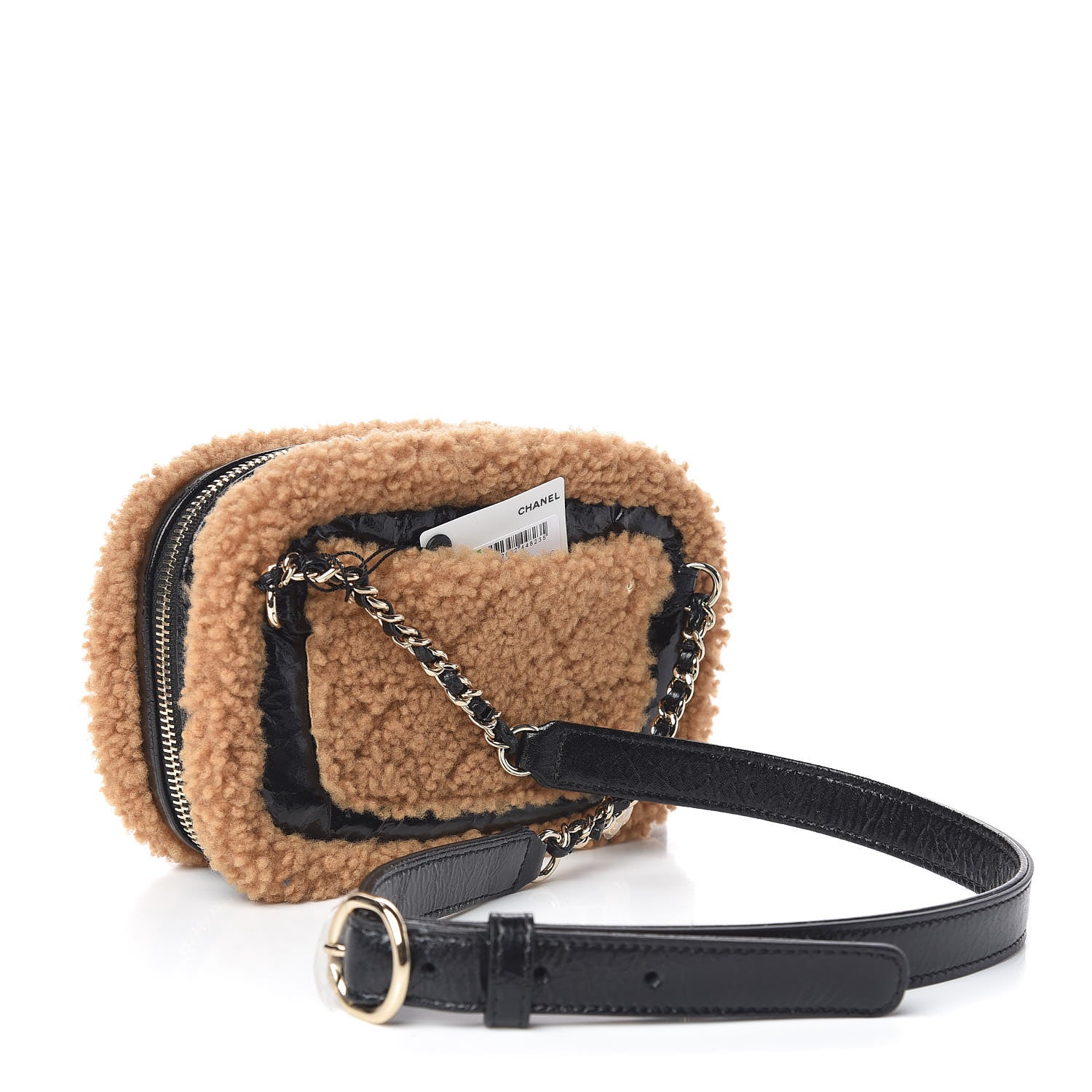 Chanel Shiny Crumpled Sheepskin Shearling CC Mania Waist Bag Black Light Brown 3 of 10