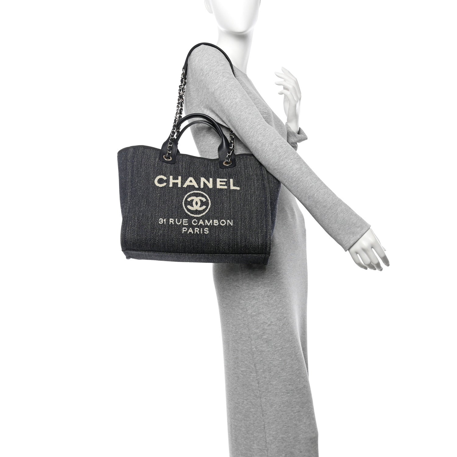 Chanel Denim Small Deauville Tote Dark Blue White 2 of 12