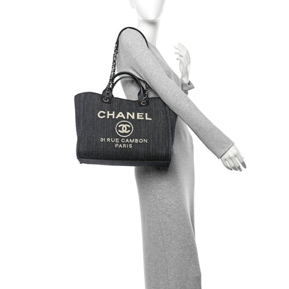 Chanel Denim Small Deauville Tote Dark Blue White 2 of 12