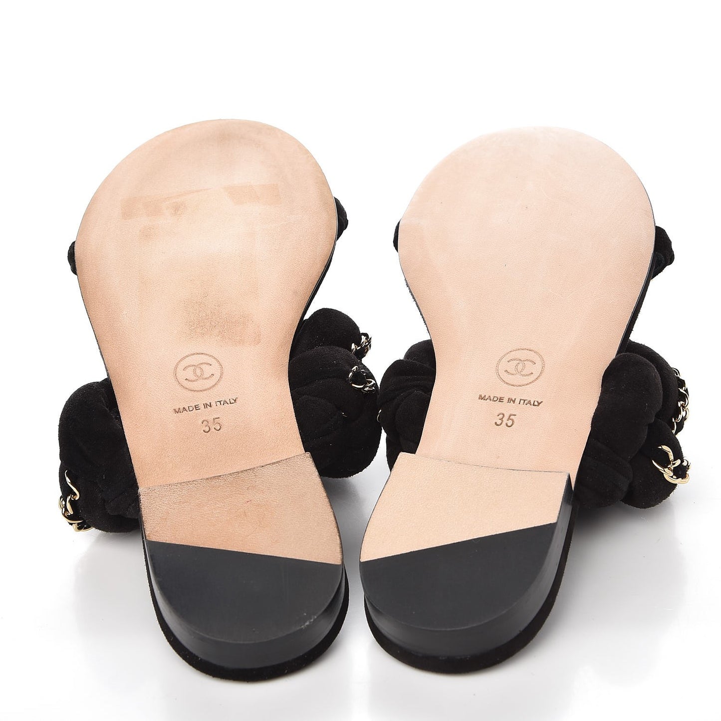 Kid Suede Braided Chain CC Slide Flat Sandals 35 Black