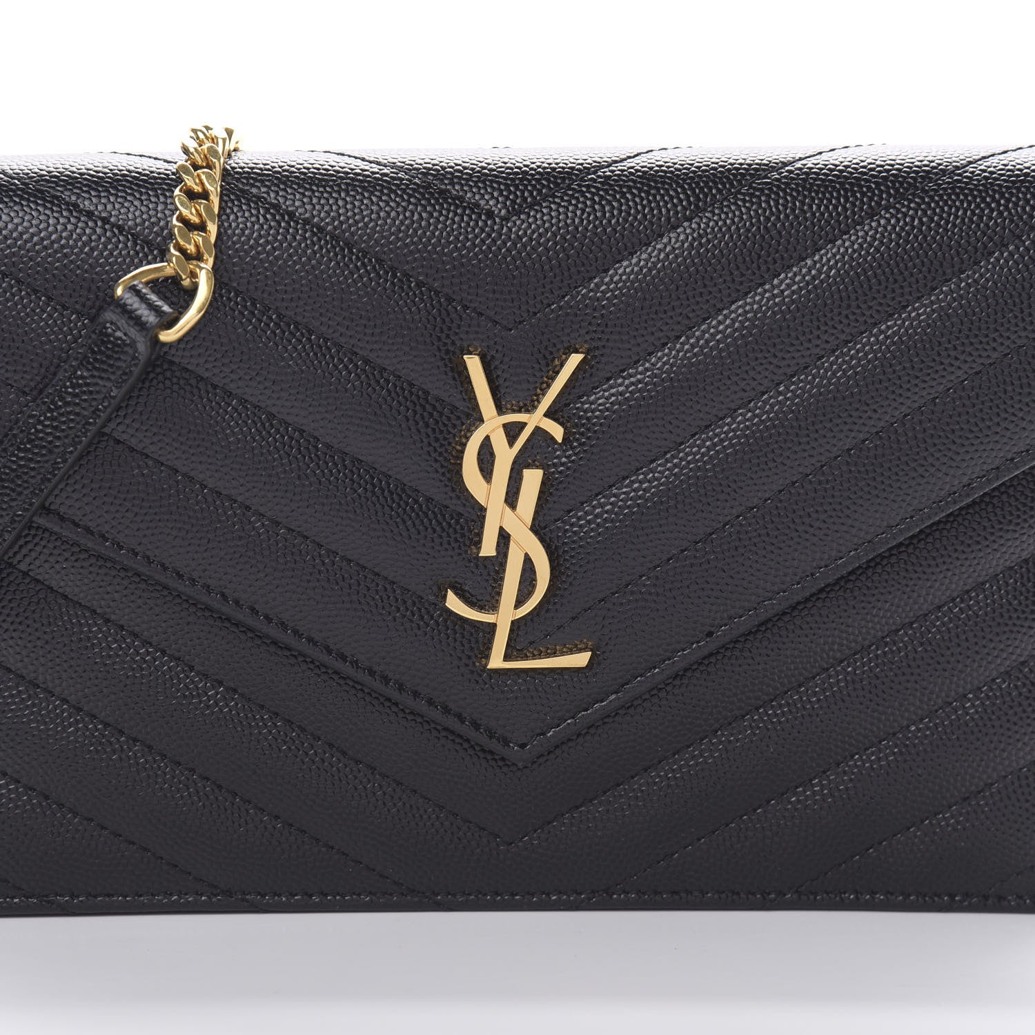 Saint Laurent Grain De Poudre Matelasse Chevron Monogram Envelope Chain Wallet Black 9 of 12