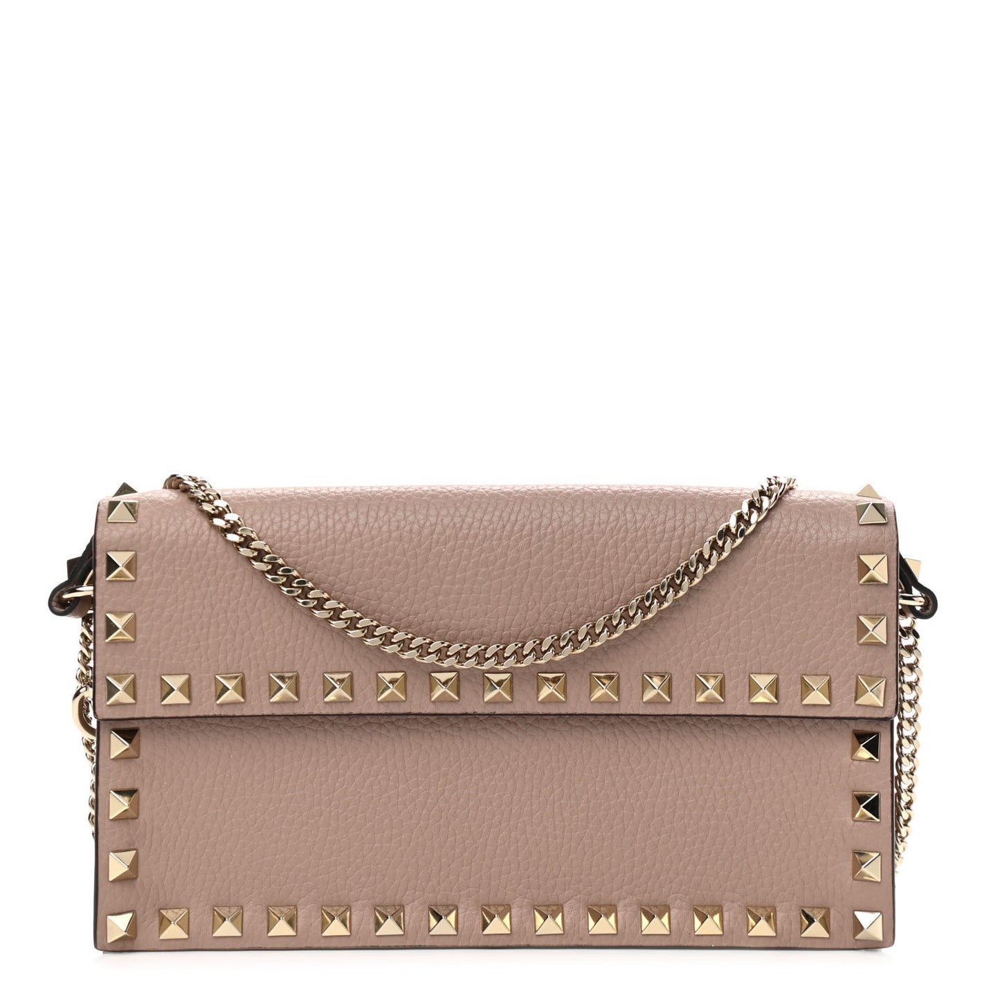 Pebbled Calfskin Rockstud Flap Wallet On Chain Poudre