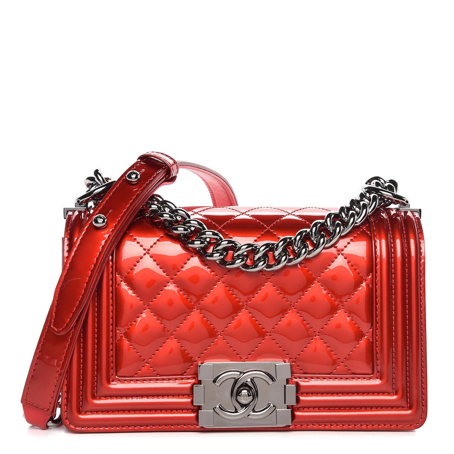 Metallic Patent Calfskin Quilted Small Boy Flap Red