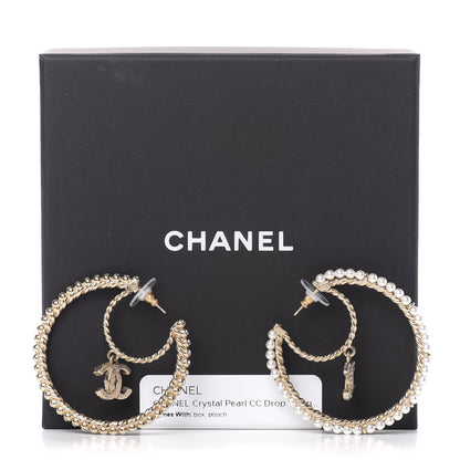 Chanel Crystal Pearl CC Drop Hoop Earrings Gold Pearly White 5 of 5