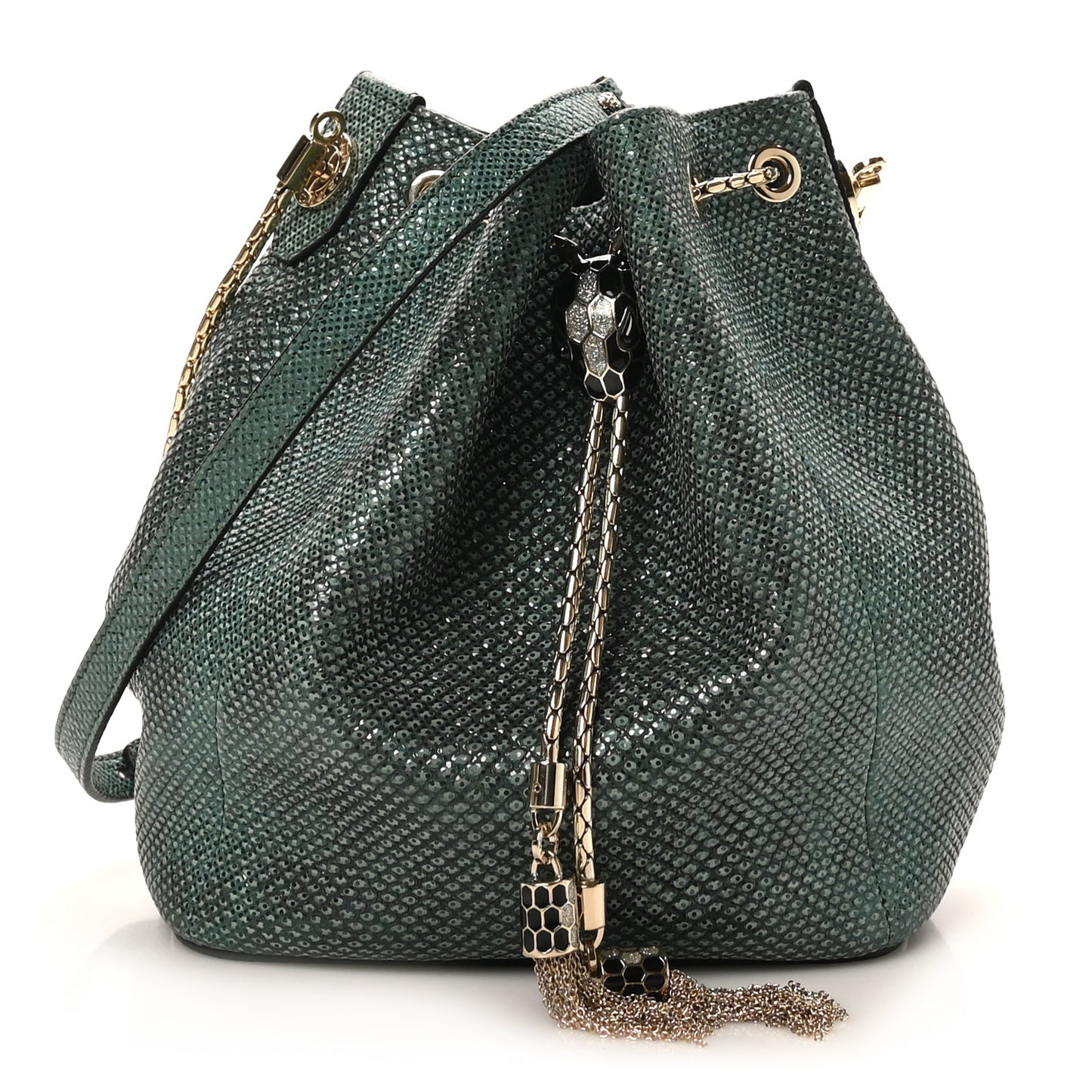 Metallic Karung Serpenti Forever Bucket Bag Emerald Green