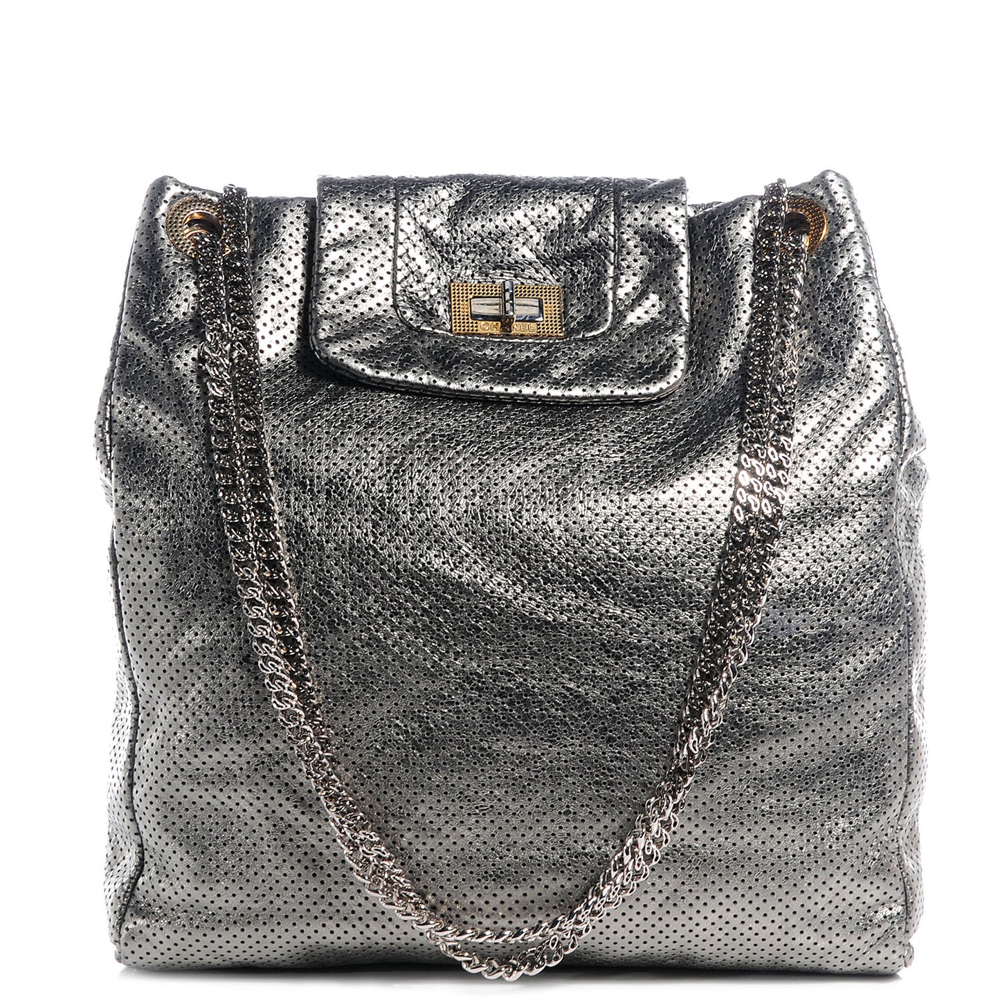 Metallic Crackled Calfskin Perforated Drill Shoulder Bag Silver
