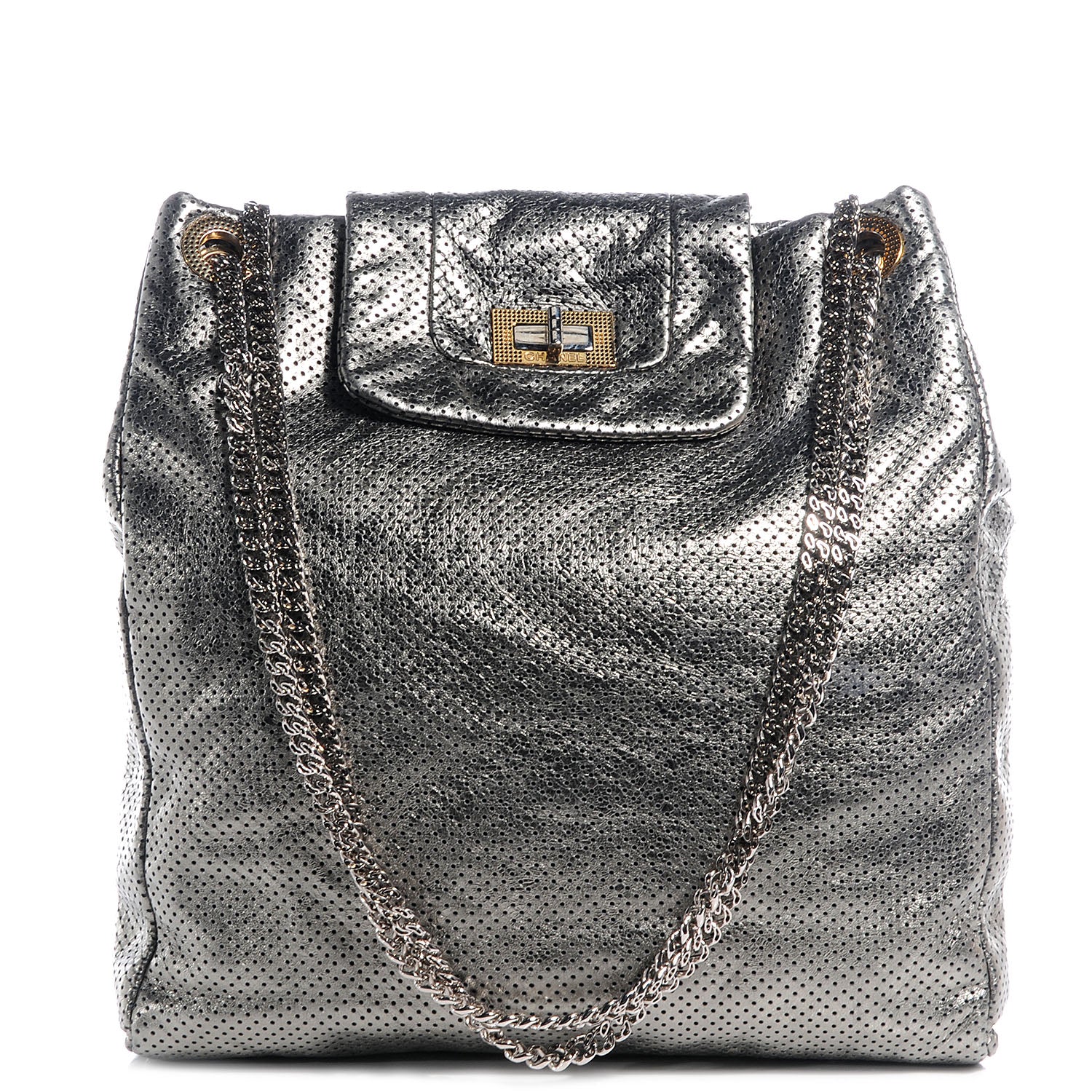 Chanel Metallic Crackled Calfskin Perforated Drill Shoulder Bag Silver 1 of 7