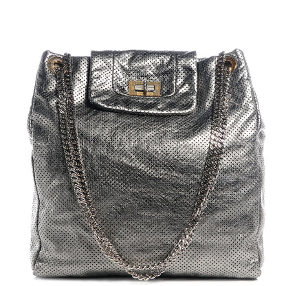 Chanel Metallic Crackled Calfskin Perforated Drill Shoulder Bag Silver 1 of 7