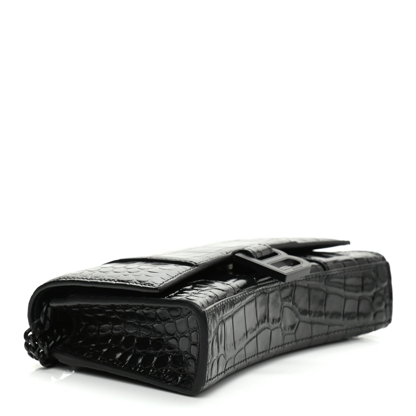 Shiny Calfskin Monochrome Crocodile Embossed Hourglass Chain Bag Black