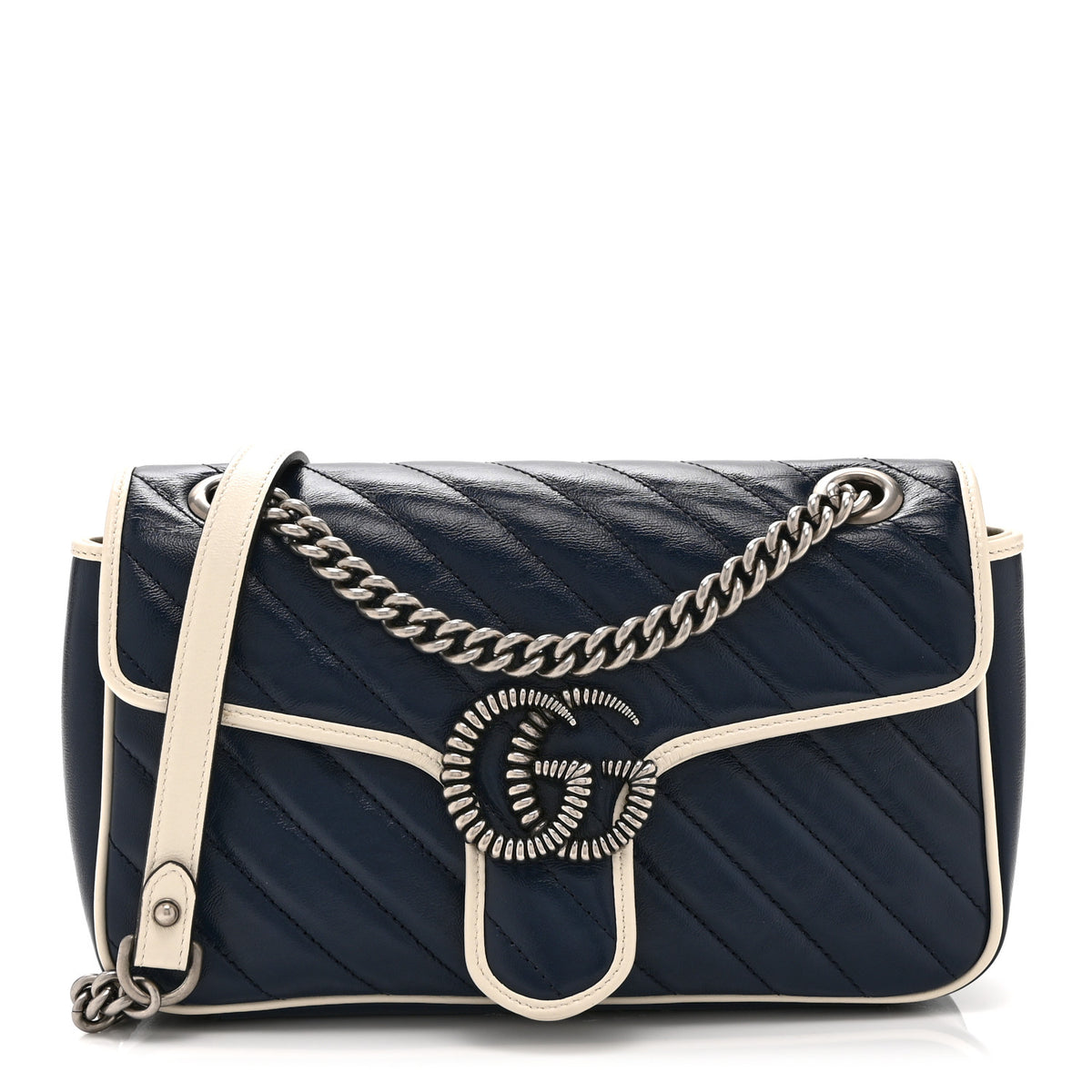 Gucci Vintage Effect Calfskin Matelasse Diagonal Small Torchon GG Marmont Shoulder Bag Blue Agata Mystic White 1 of 12