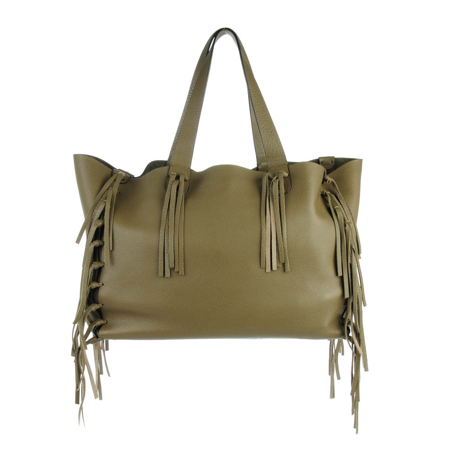 Grained Calfskin C-Rockee Fringe Tote Army Green